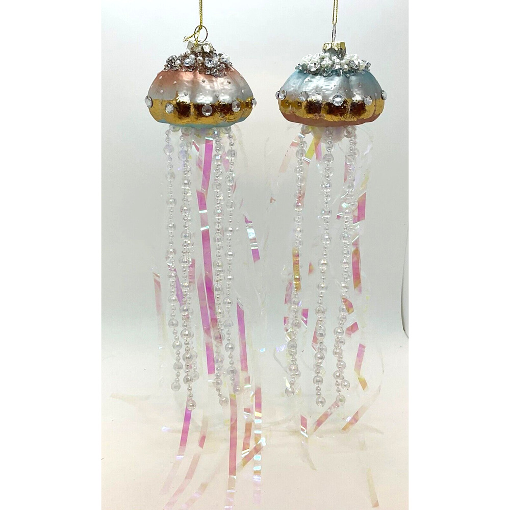 2 Jellyfish Ornaments Glass Pink & Blue Christmas Pearl Flowing Tentacles
